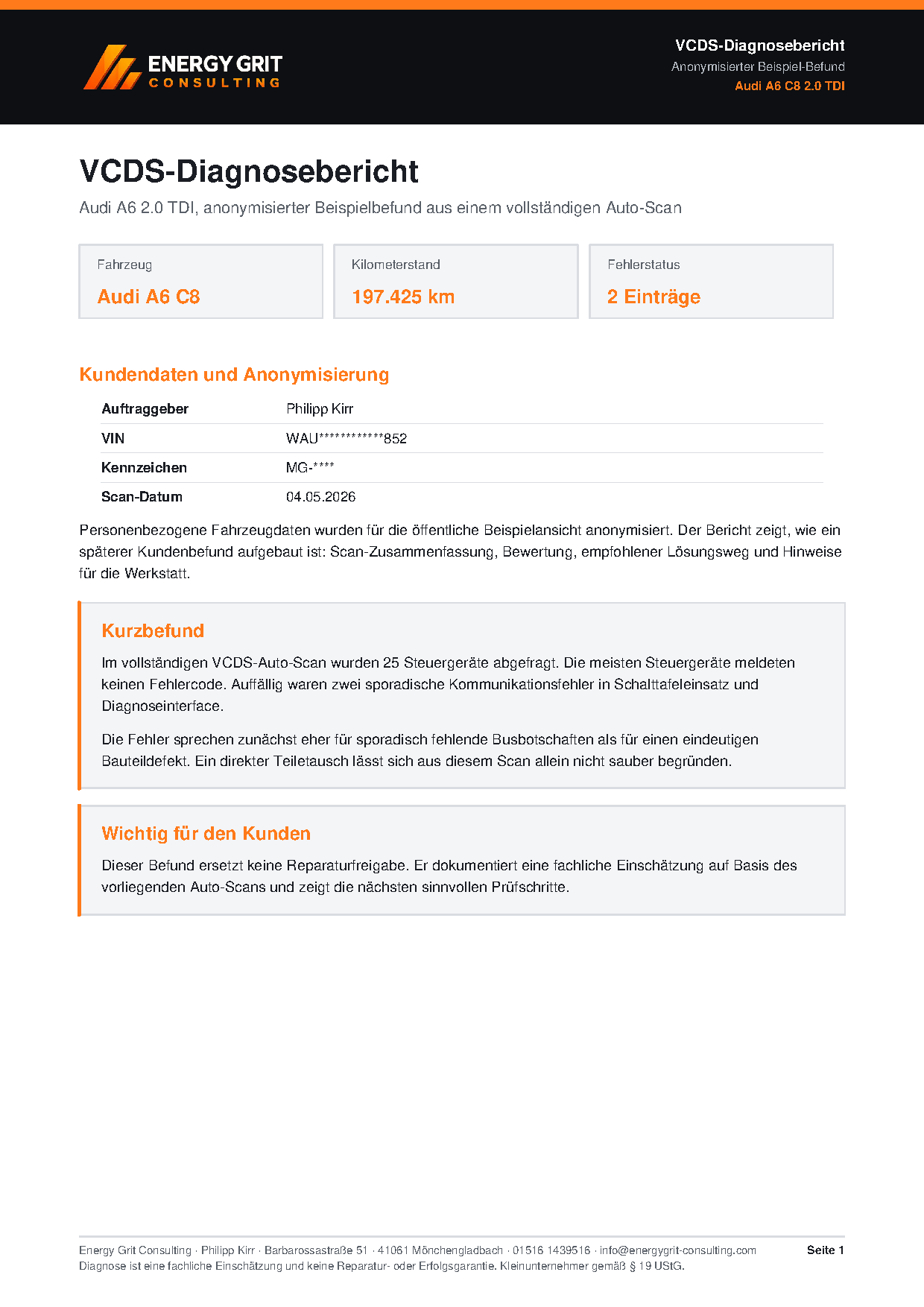 Anonymised white Energy Grit diagnostic report