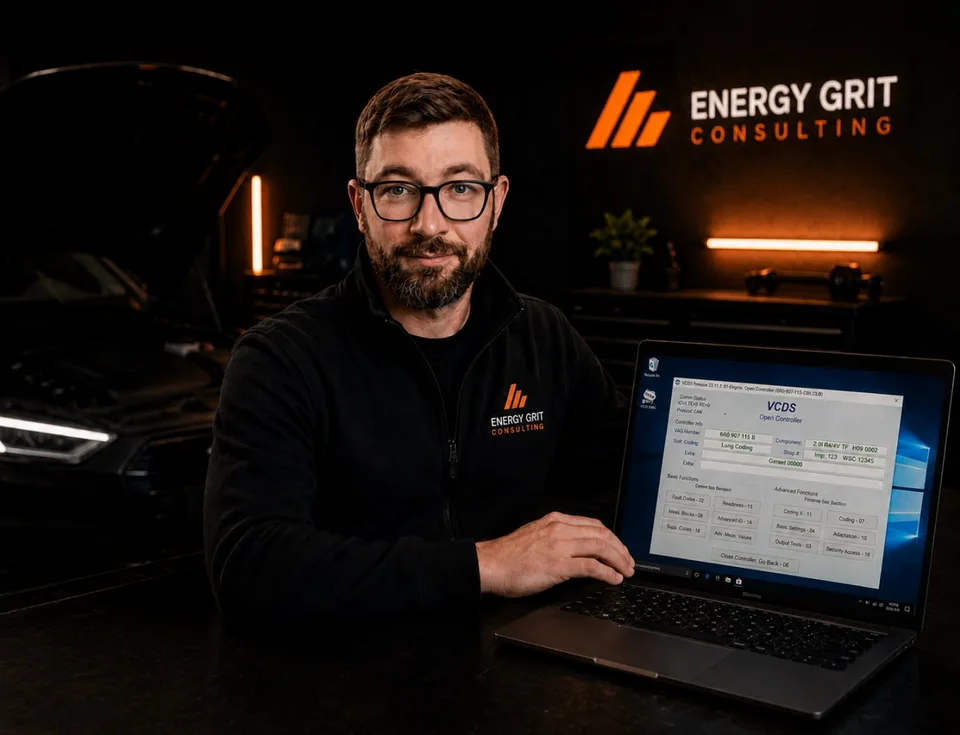 Philipp Kirr working with VCDS beside a vehicle