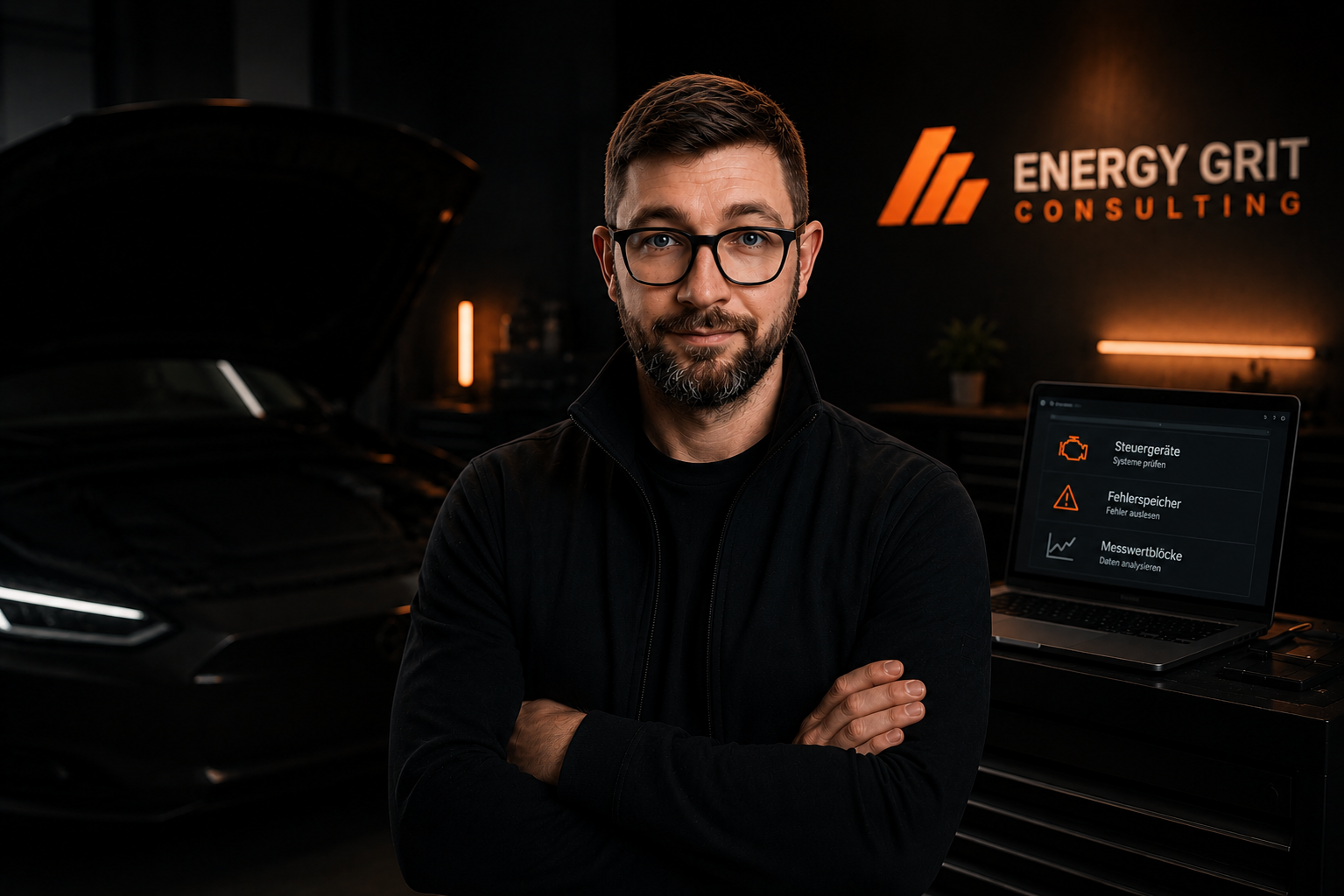 Energy Grit Consulting advisor with diagnostic laptop in a dark workshop